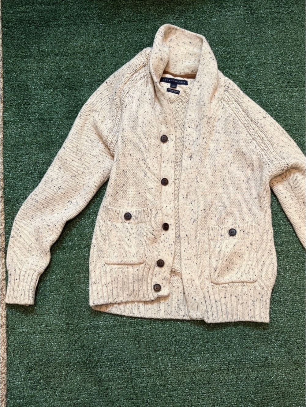 TOMMY HILFIGER Size S Womens Beige Cotton Blend Plunge Button Up Cardigan
